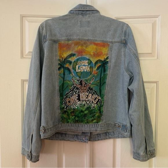 Bob Marley One Love hand painted trucker  jacket - Picture 2 of 5